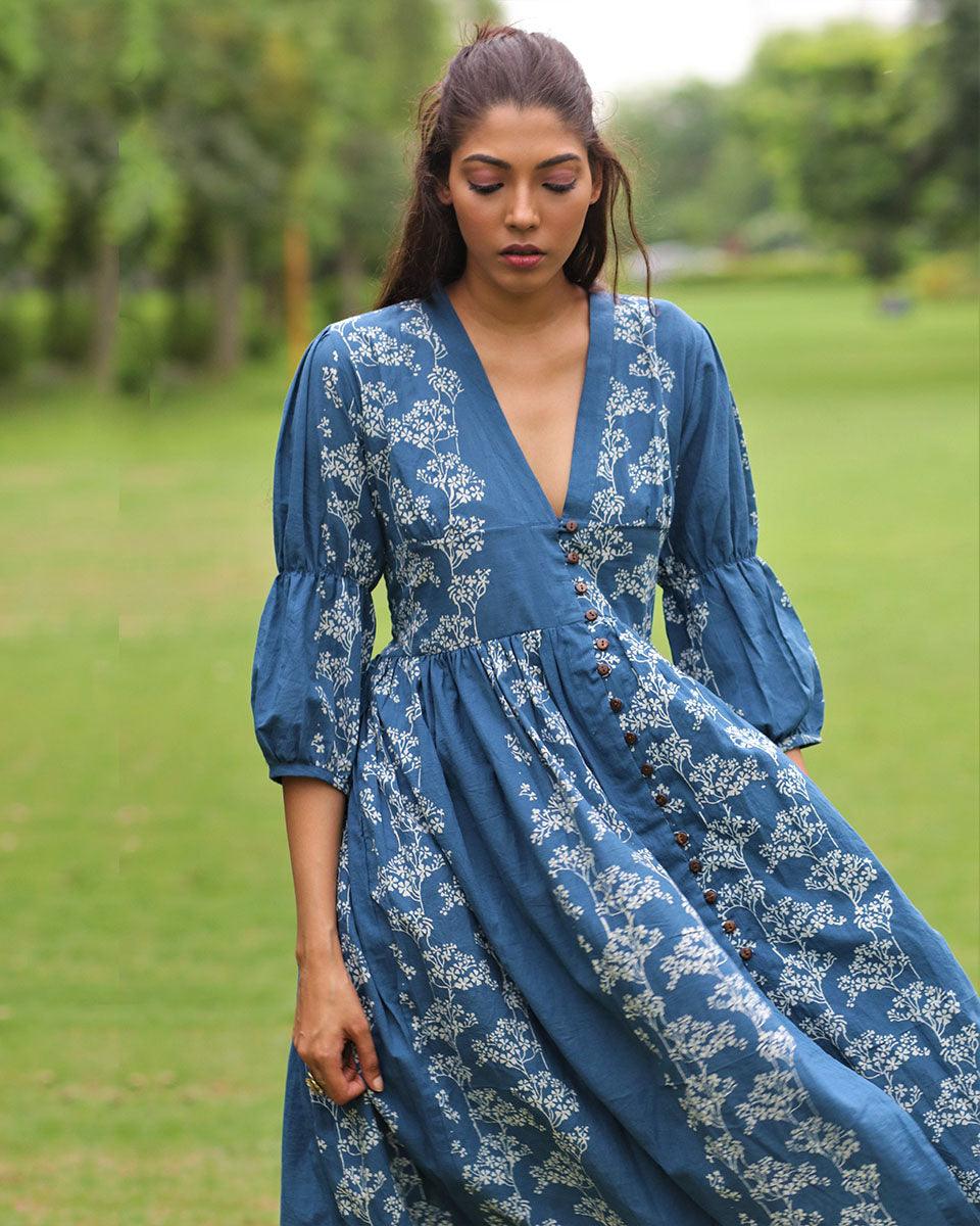 Blue Floral Block Printed Front Slit Cotton Dress-Mon - Image 5