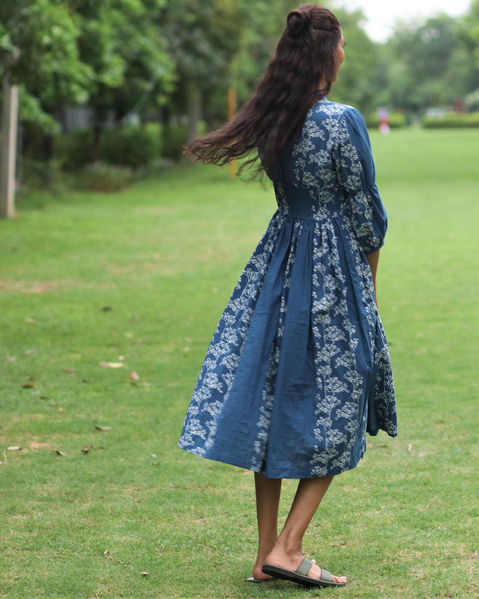 Blue Floral Block Printed Front Slit Cotton Dress-Mon - Image 6