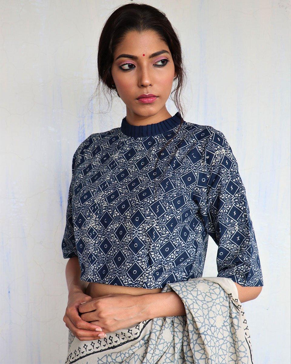 Blue Frill Neck Handprinted Cotton Crop Top Blouse- God - Image 4