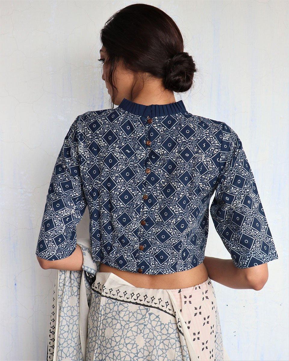 Blue Frill Neck Handprinted Cotton Crop Top Blouse- God - Image 5