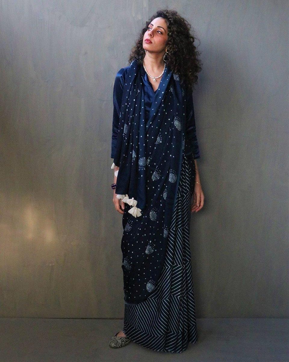 Blue Luna Block Printed Modal Silk Saree - Image 3