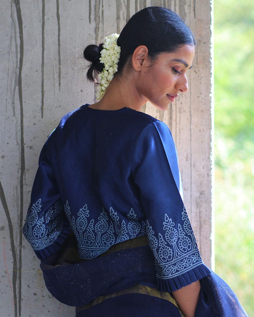 Blue Mashru Silk Blockprinted Blouse-Manjari - Image 4