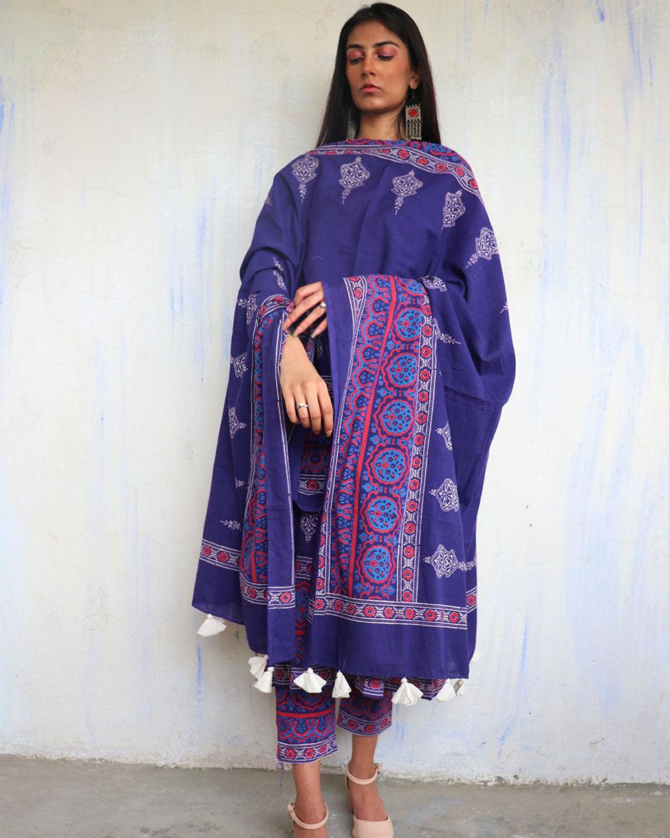 Blue Pure Cotton Block Printed Dupatta-Ajooni - Image 2