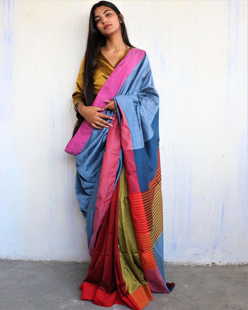 Satrang Handwoven Pure Cotton Viscose Saree - Holi - Image 2