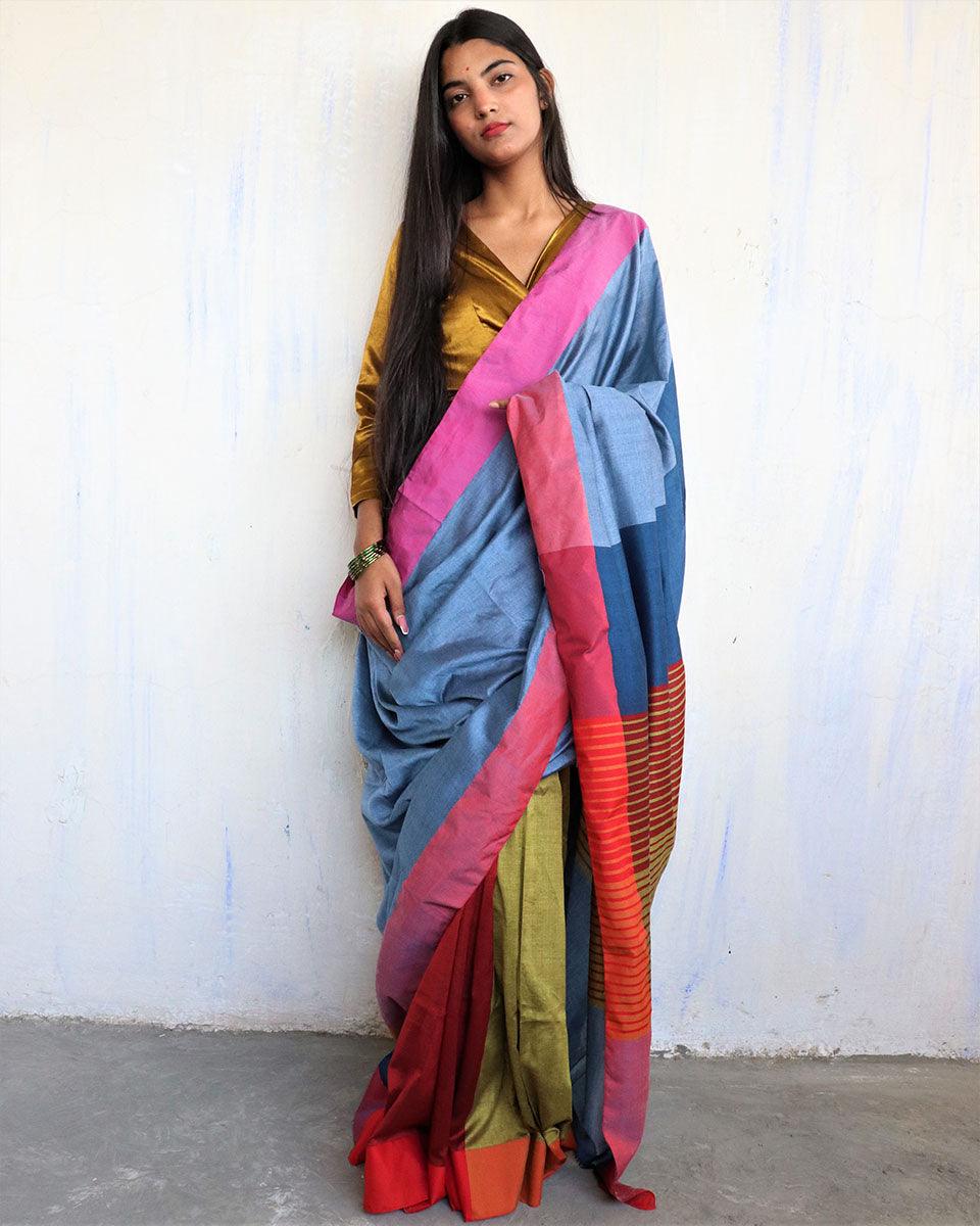 Satrang Handwoven Pure Cotton Viscose Saree - Holi - Image 4