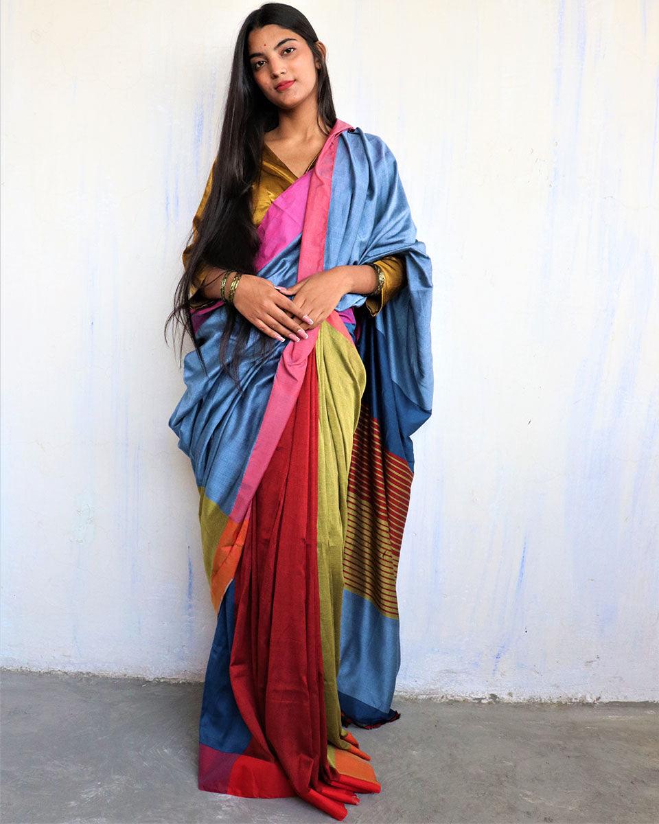 Satrang Handwoven Pure Cotton Viscose Saree - Holi - Image 7