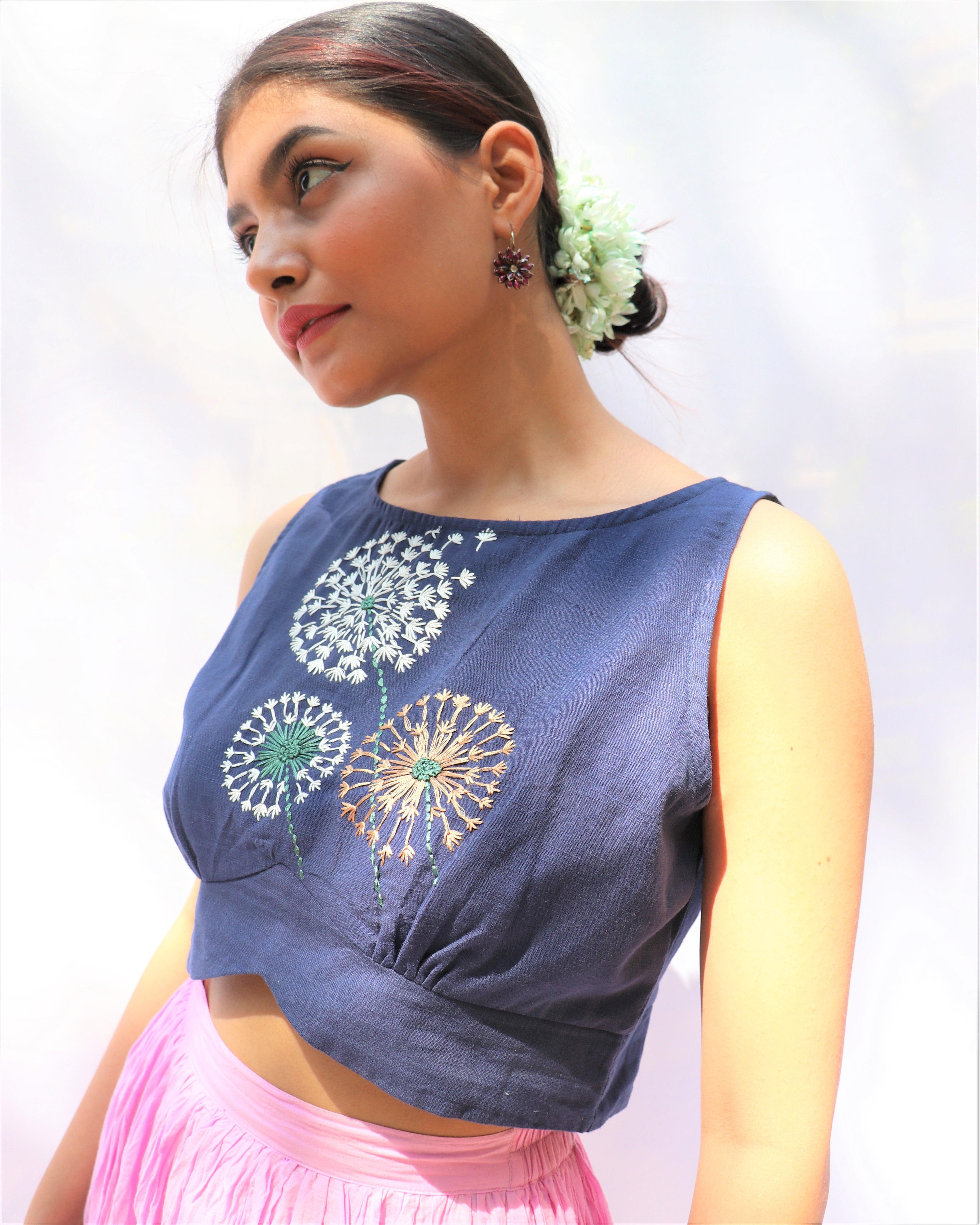 Flora Blue Dandelion Sleeveless Hand-Embroidered Handwoven Cotton Blouse - Fos - Image 4