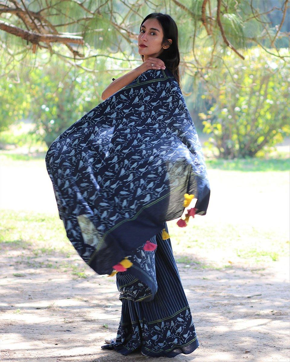 Blue Bird Hand Blockprinted Cotton Saree - Image 5