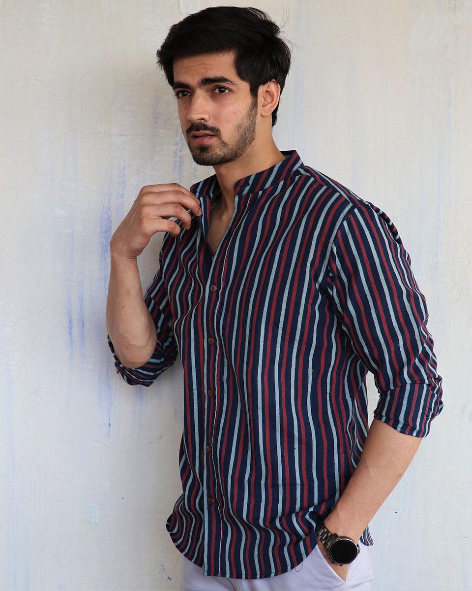 Blue Stripe Block-Printed Men'S Shirt - Image 4