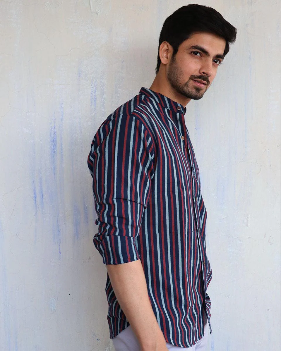 Blue Stripe Block-Printed Men'S Shirt - Image 6