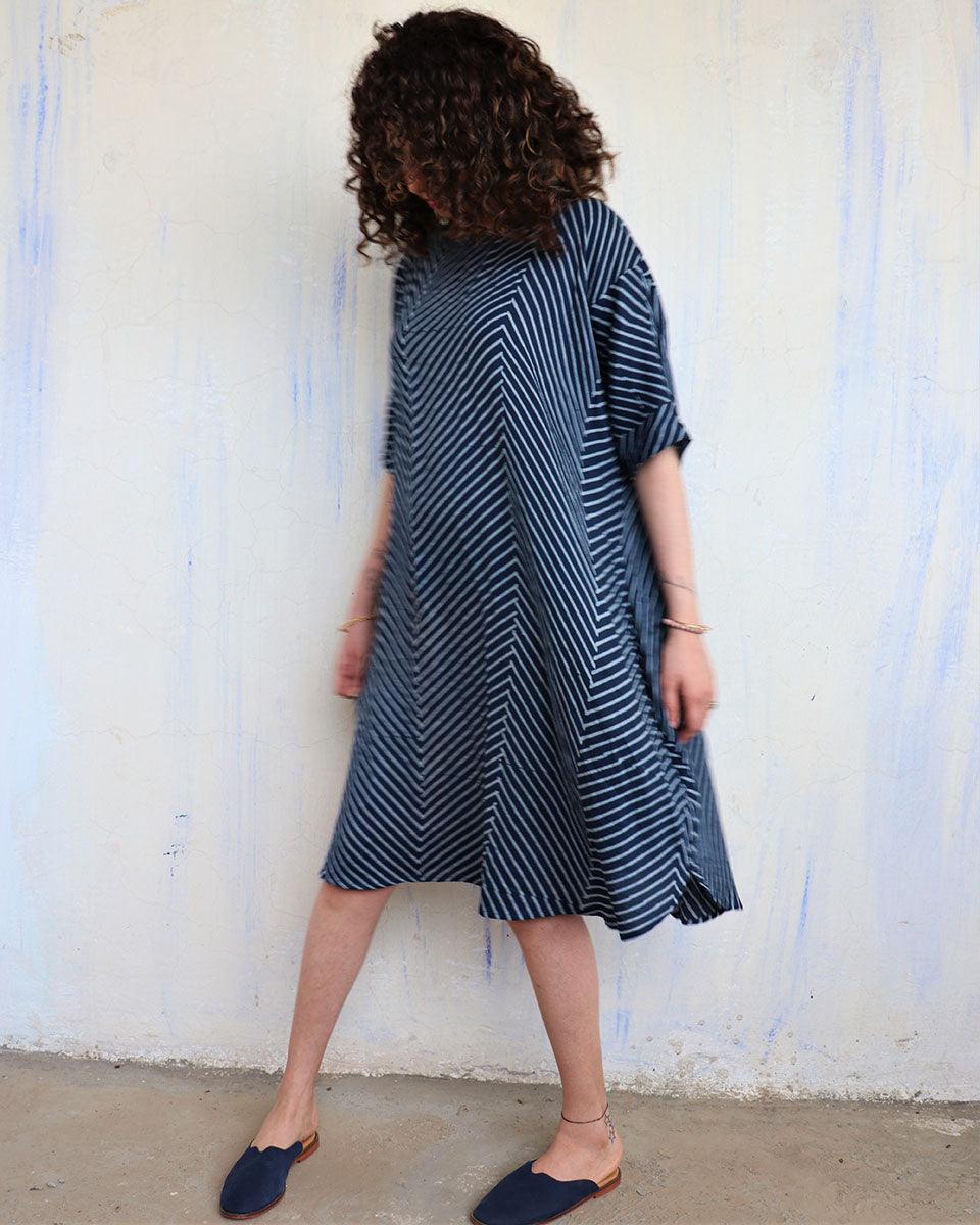 Blue Zigzag Blockprinted Cotton Freesize Dress - Image 4