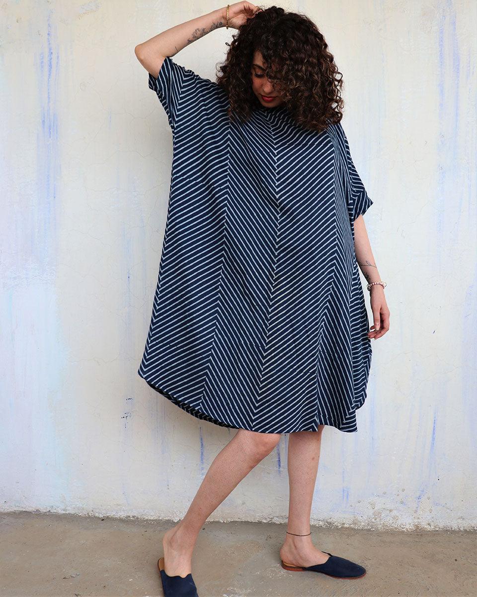Blue Zigzag Blockprinted Cotton Freesize Dress - Image 6