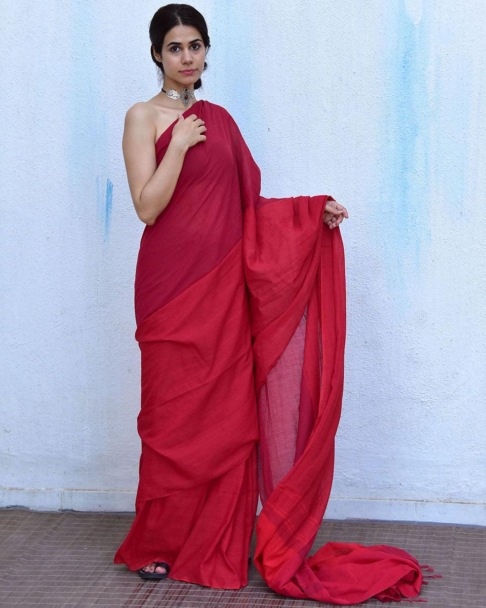 Blush Red Handwoven Cotton Saree-Leela - Image 2