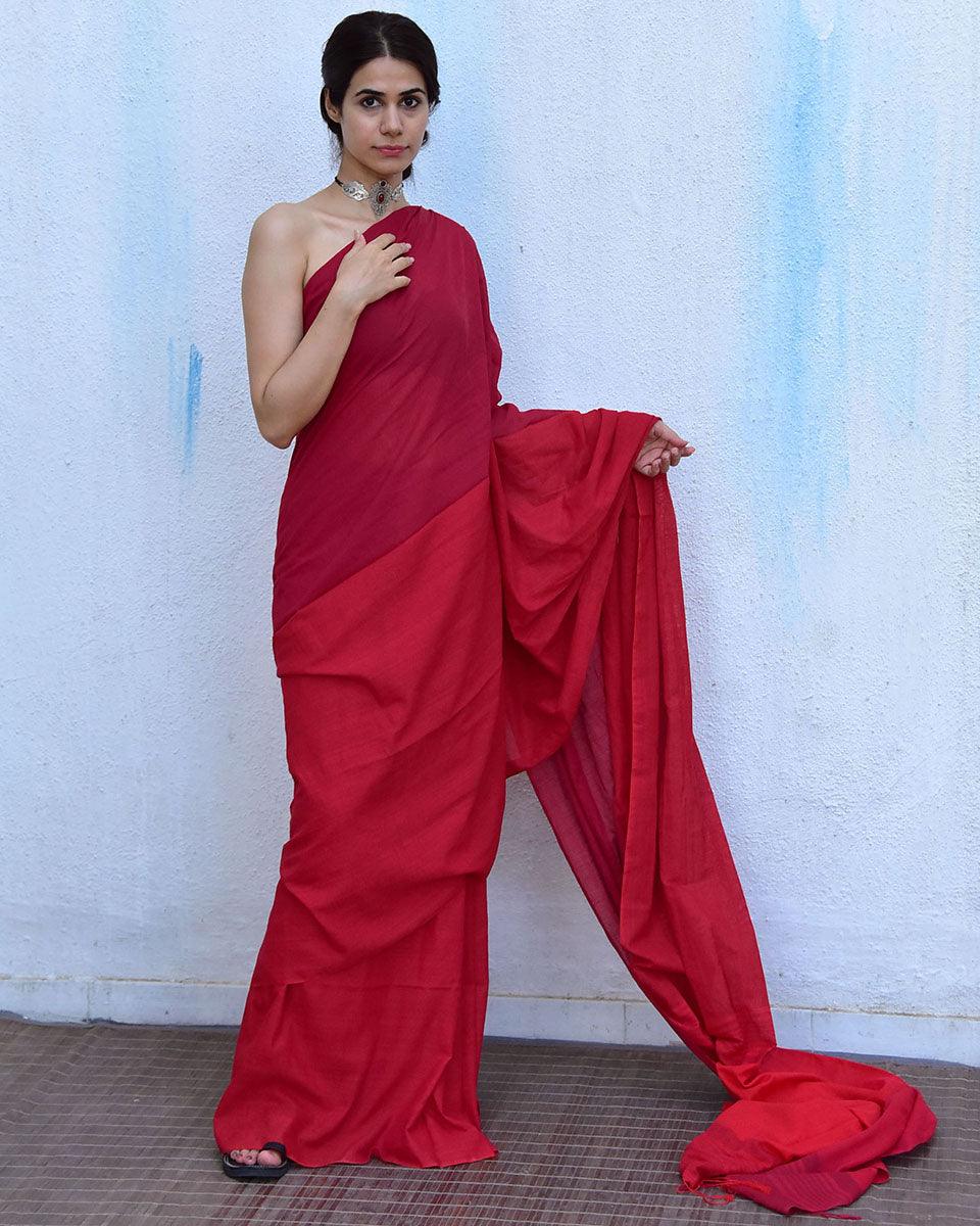Blush Red Handwoven Cotton Saree-Leela - Image 7