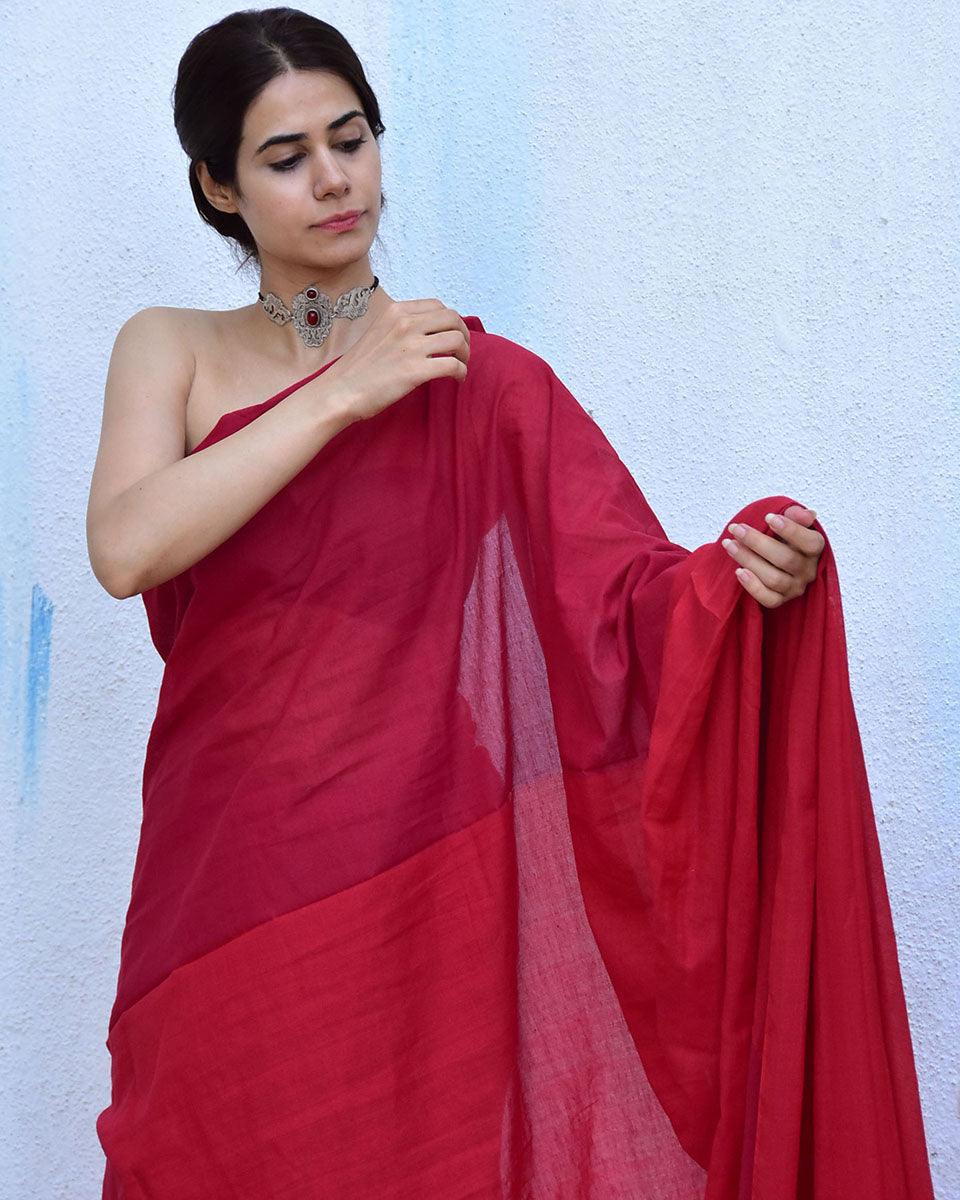 Blush Red Handwoven Cotton Saree-Leela - Image 8