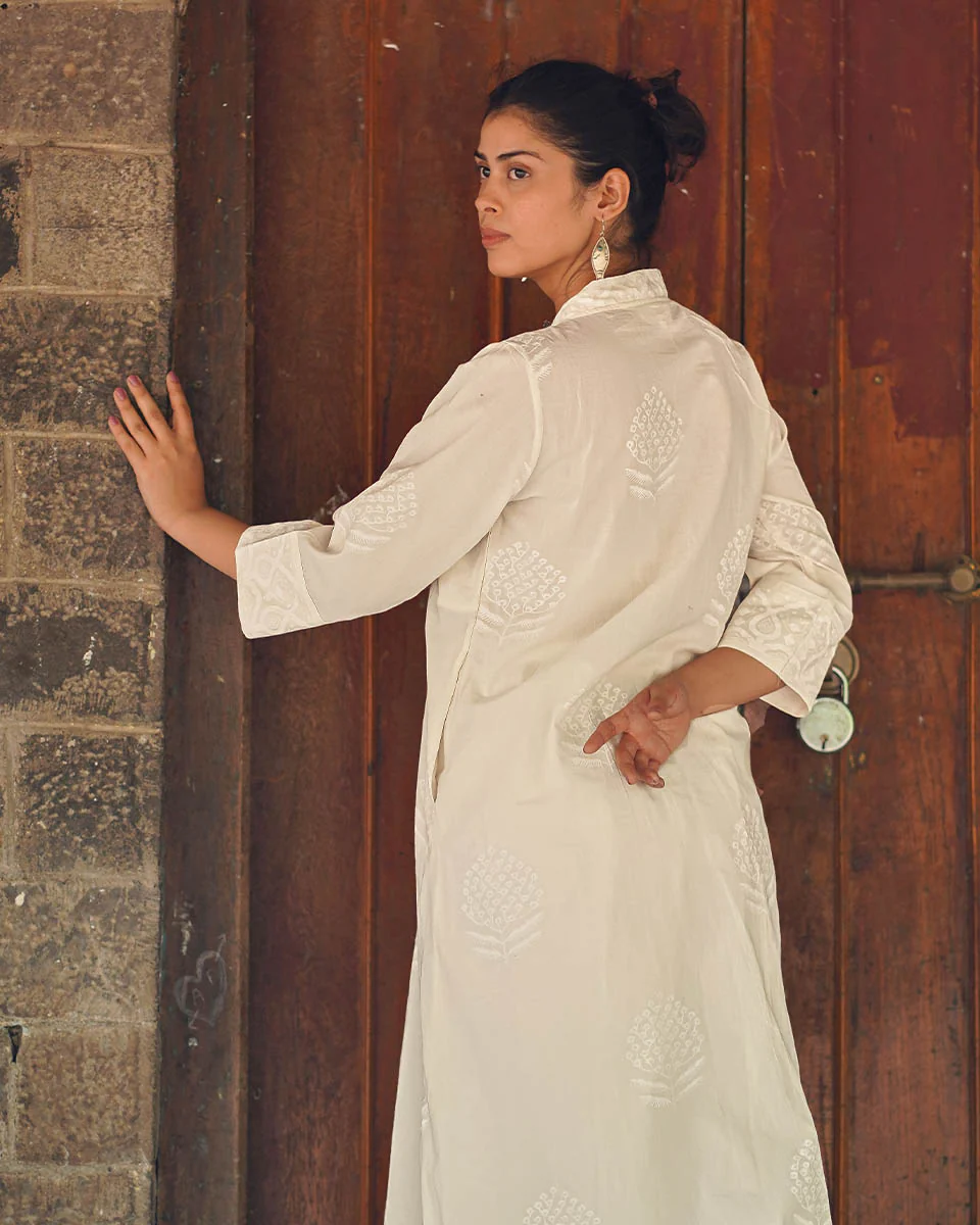 Bone China Light Ivory Block Printed Kurti - SFD - Image 2