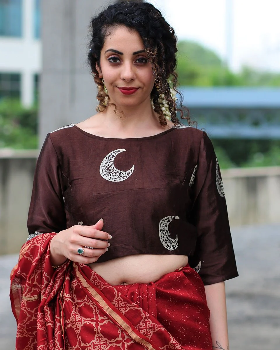 Brown Cresent Block Printed Crop Top Mashru Silk Blouse