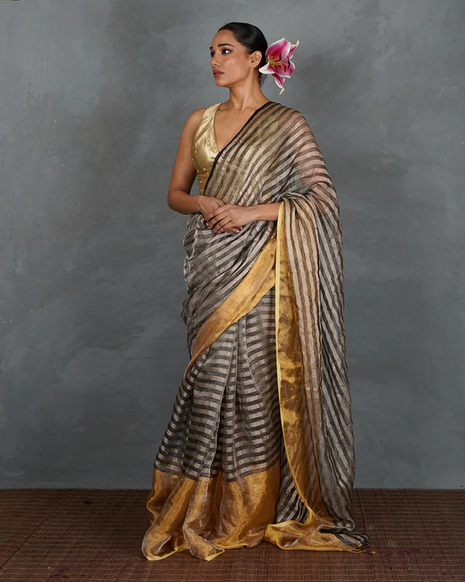 Burn Soft Silver With Black Strip Handwoven Linen Saree - TARA