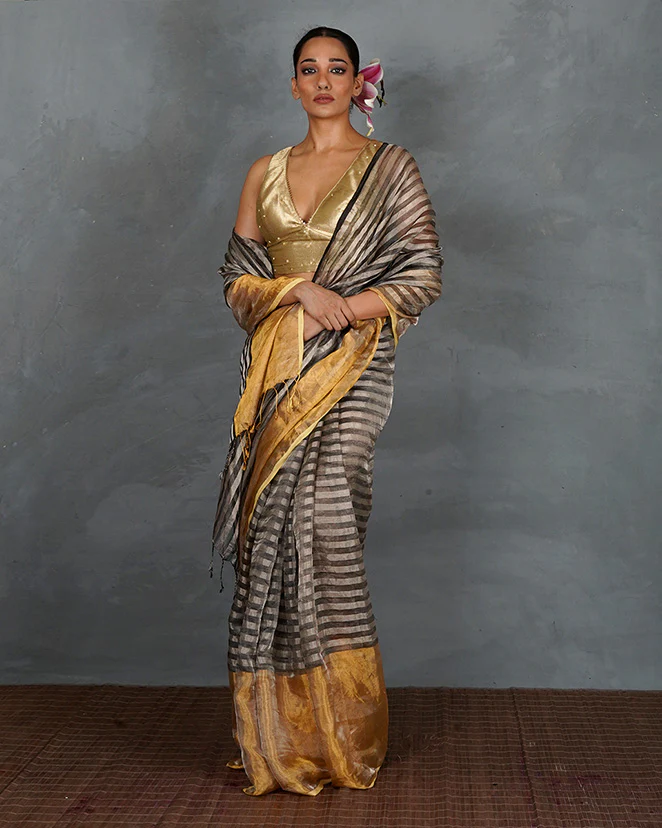 Burn Soft Silver With Black Strip Handwoven Linen Saree - TARA - Image 4