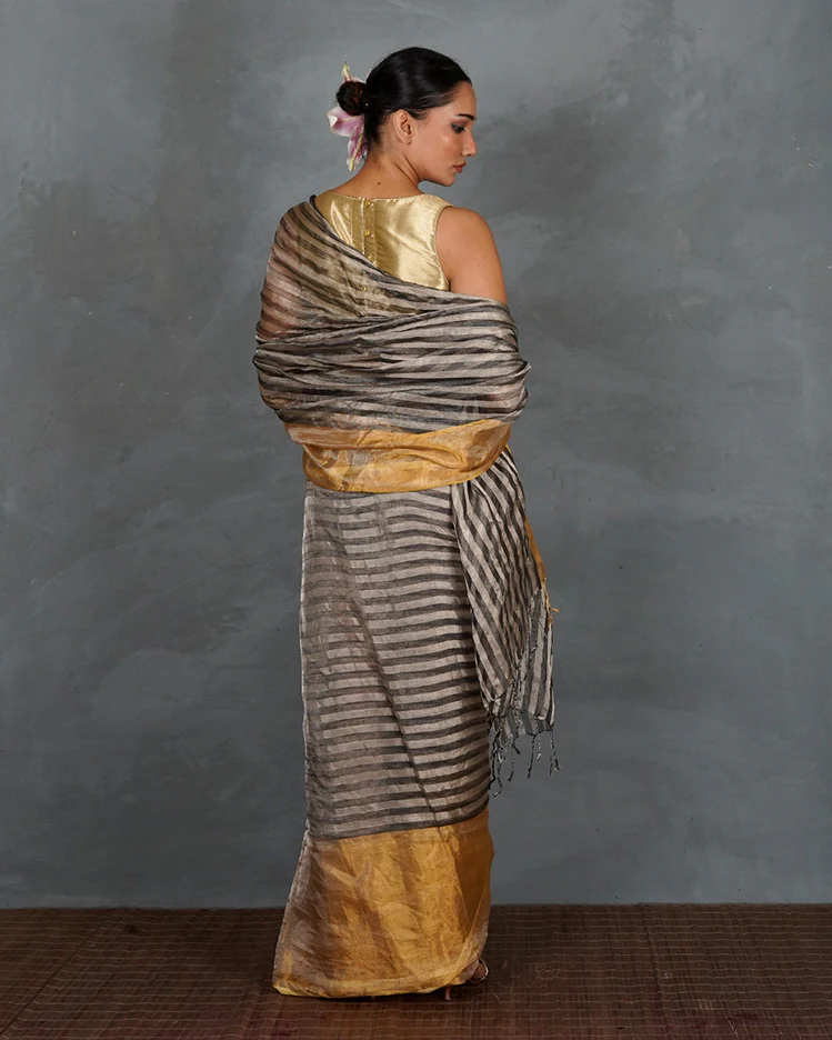 Burn Soft Silver With Black Strip Handwoven Linen Saree - TARA - Image 5