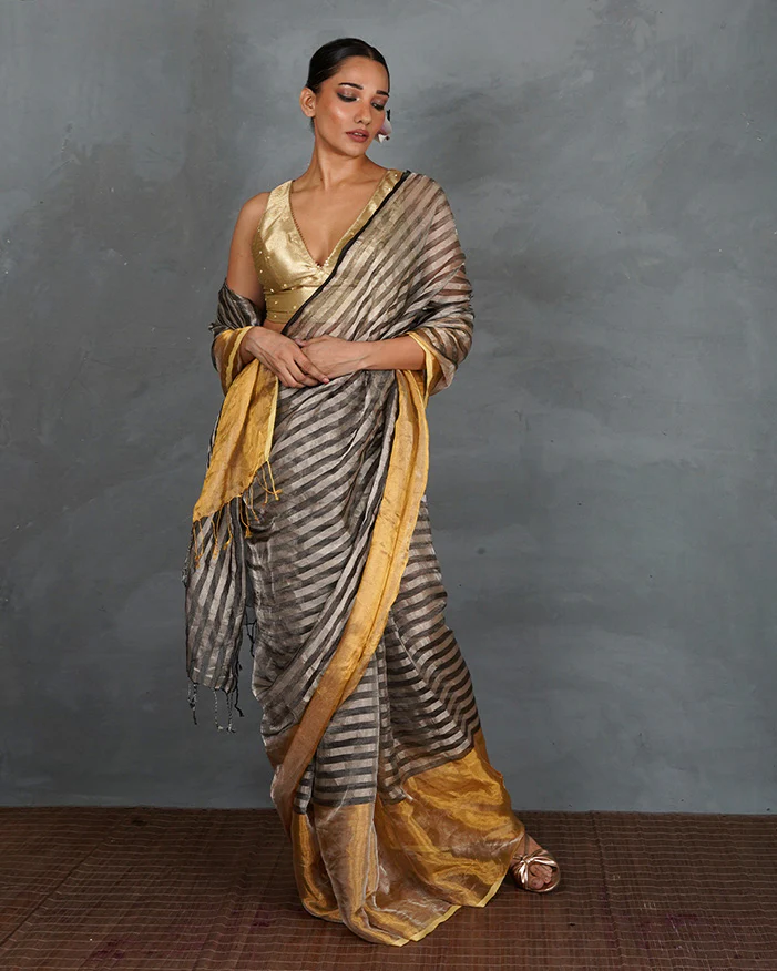 Burn Soft Silver With Black Strip Handwoven Linen Saree - TARA - Image 6