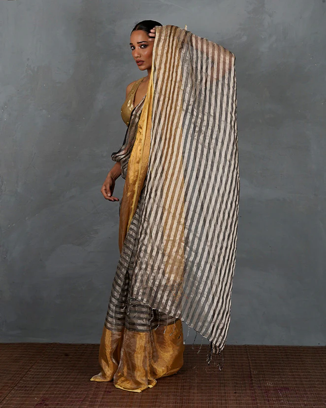 Burn Soft Silver With Black Strip Handwoven Linen Saree - TARA - Image 7