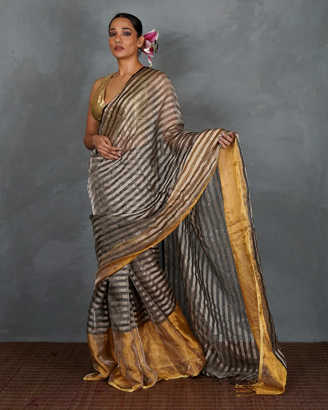 Burn Soft Silver With Black Strip Handwoven Linen Saree - TARA - Image 8