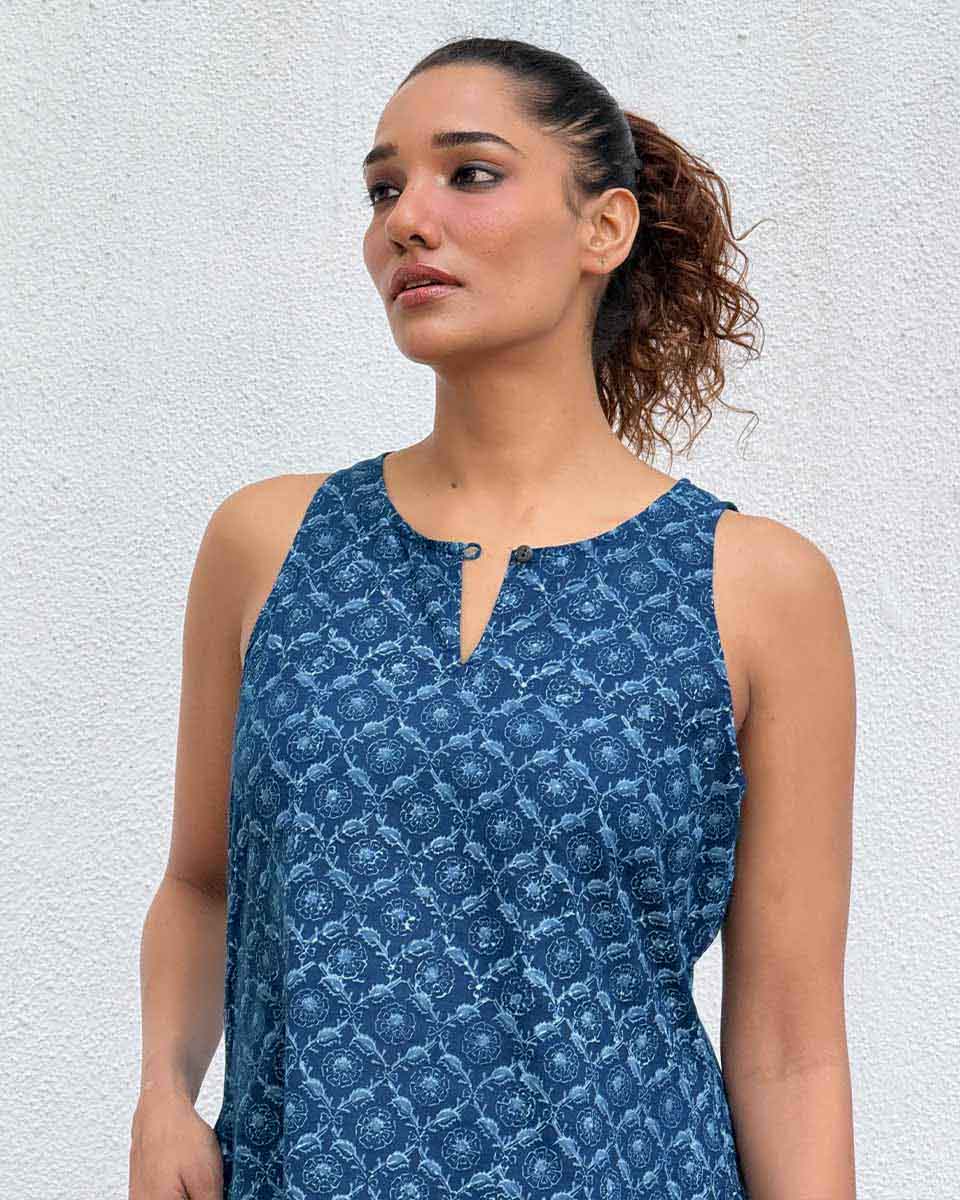 Butterfly Pea Blockprinted Cotton Dress - Image 3