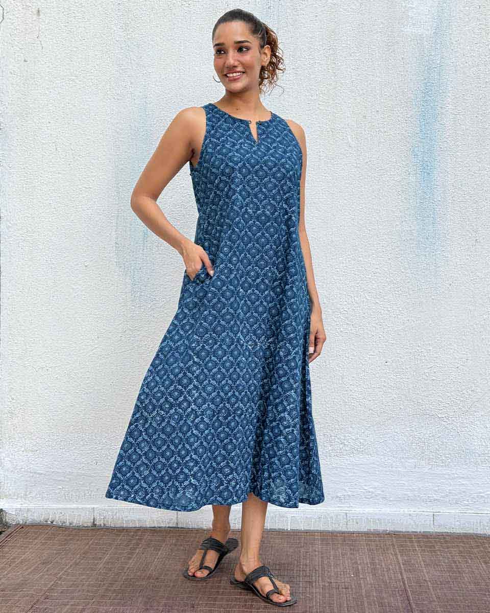Butterfly Pea Blockprinted Cotton Dress - Image 4