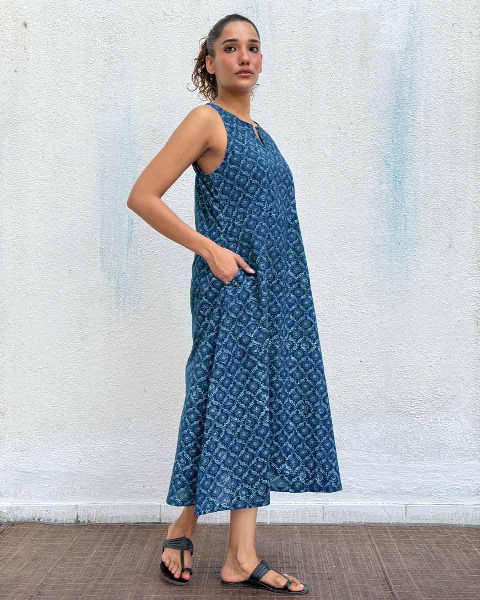 Butterfly Pea Blockprinted Cotton Dress - Image 5