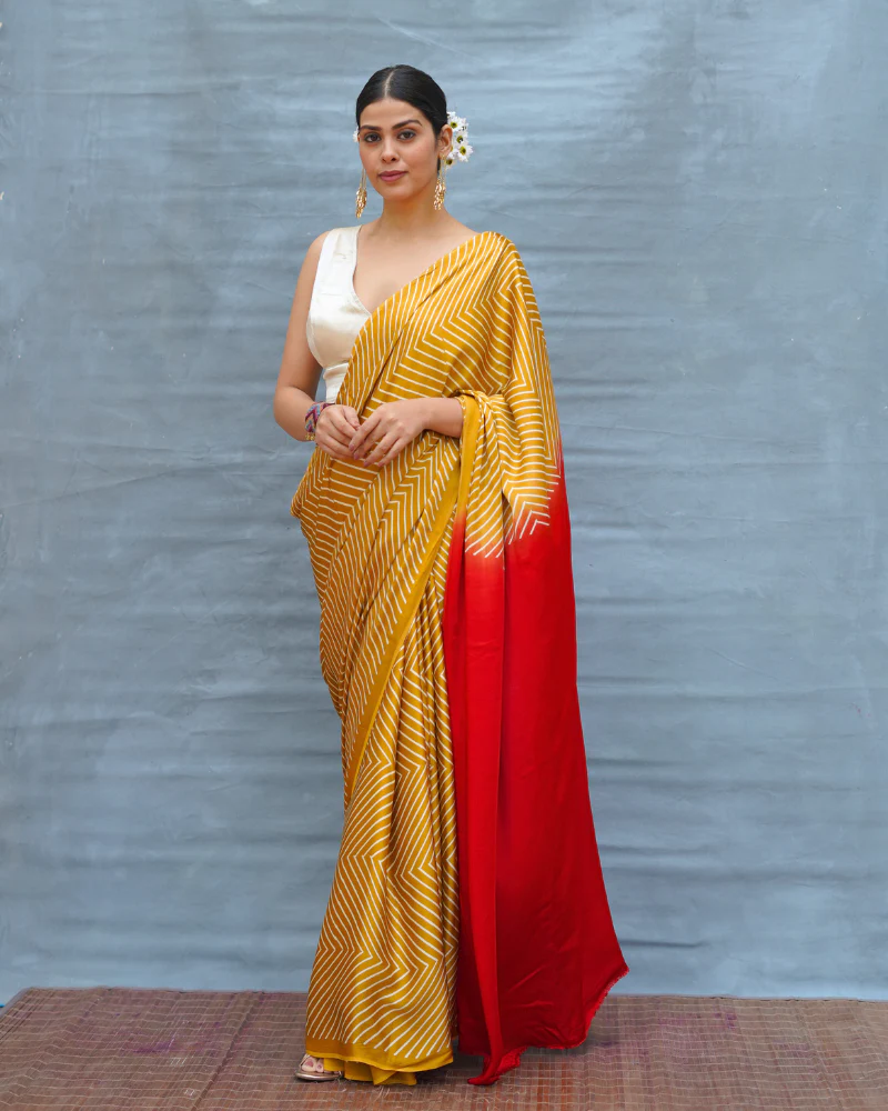 Calm Glide Yellow Handblock Print Modal Silk Saree - Flow - Image 11