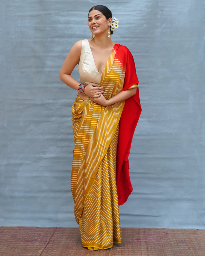Calm Glide Yellow Handblock Print Modal Silk Saree - Flow - Image 12