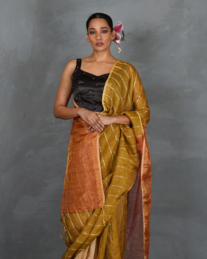 Catch Stars Mustard Gold Handwoven Linen Saree - TARA - Image 10