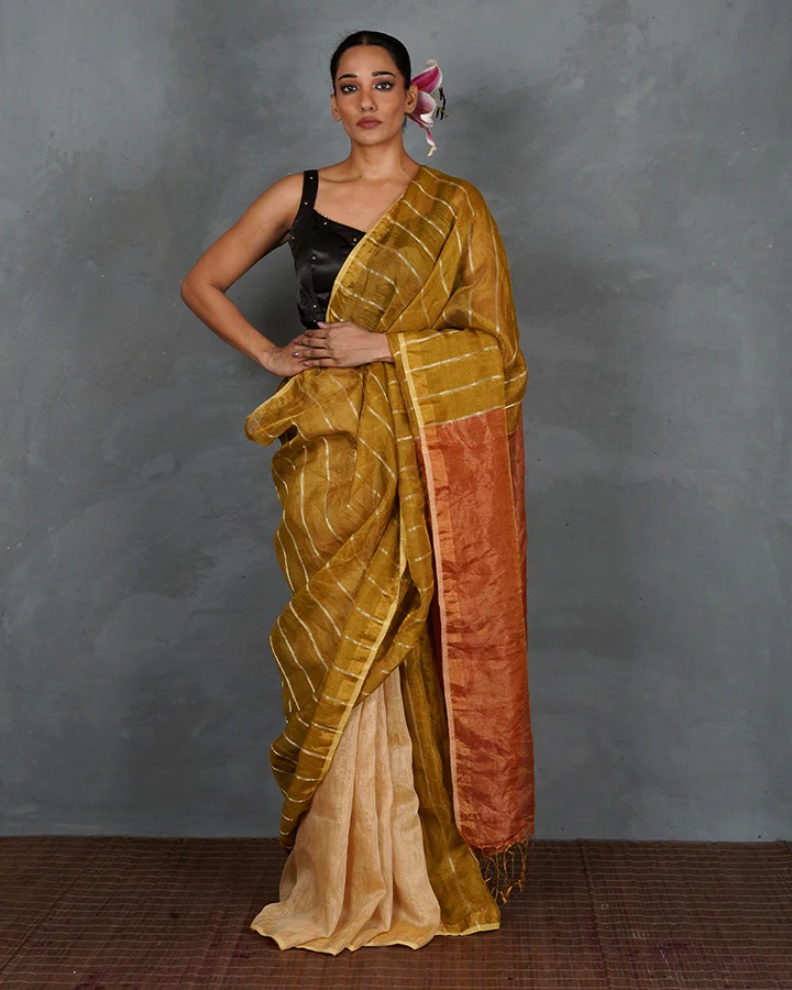 Catch Stars Mustard Gold Handwoven Linen Saree - TARA - Image 5