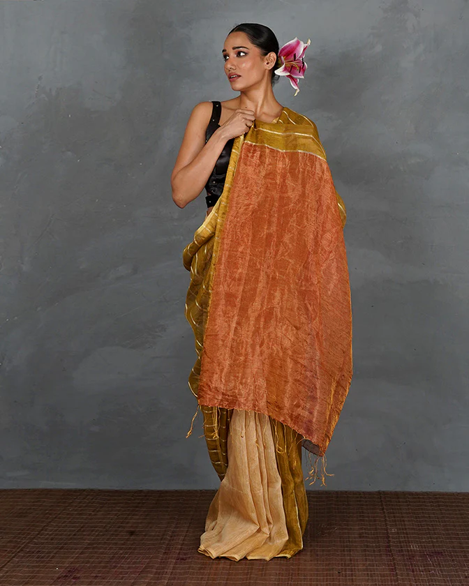 Catch Stars Mustard Gold Handwoven Linen Saree - TARA - Image 6