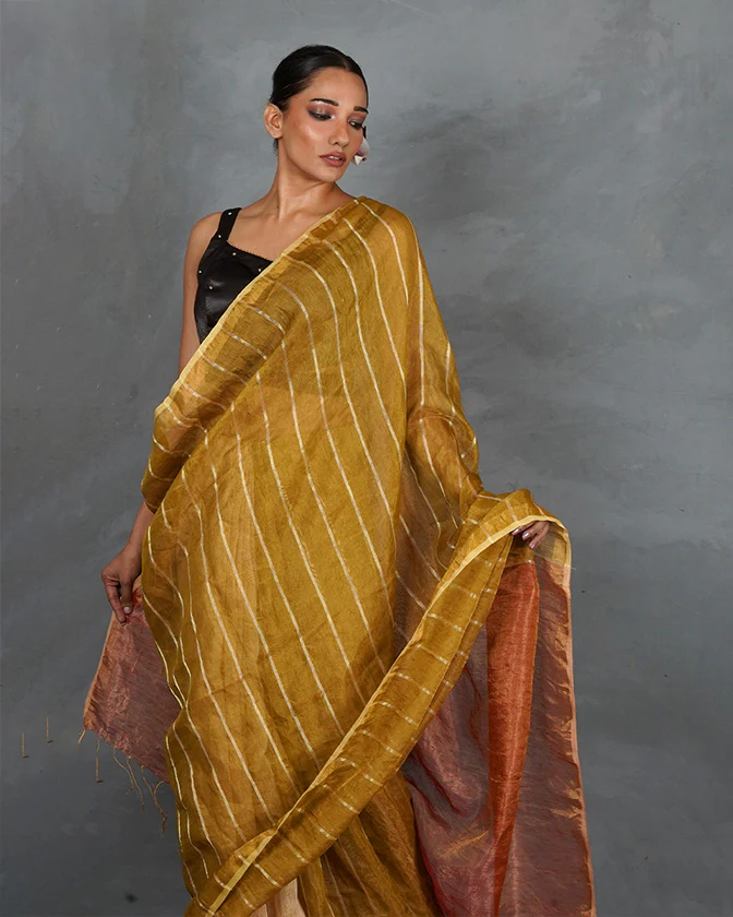 Catch Stars Mustard Gold Handwoven Linen Saree - TARA - Image 9