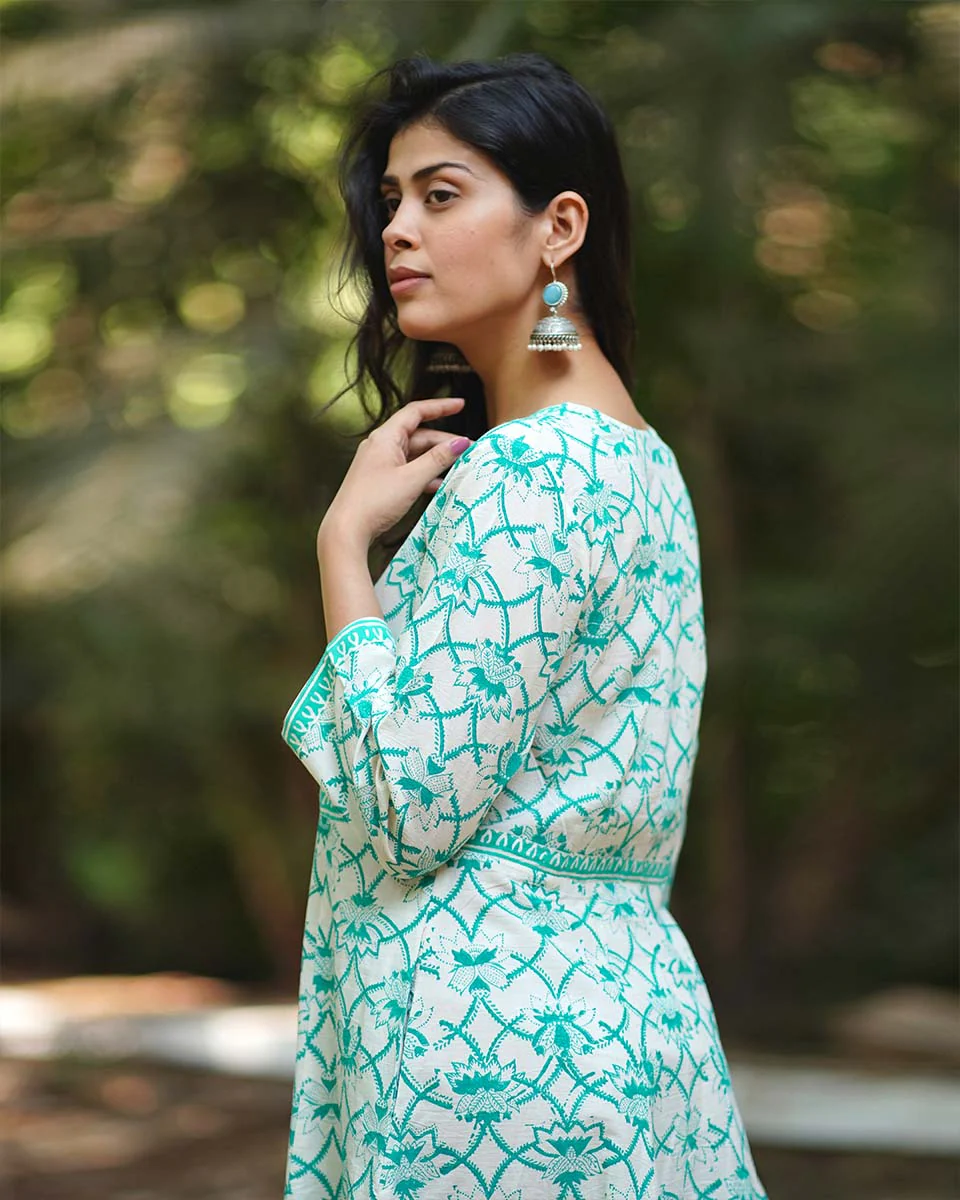 Chamomileâ€™s Calm Teal Green Block Printed Cotton Dress - MMG - Image 5