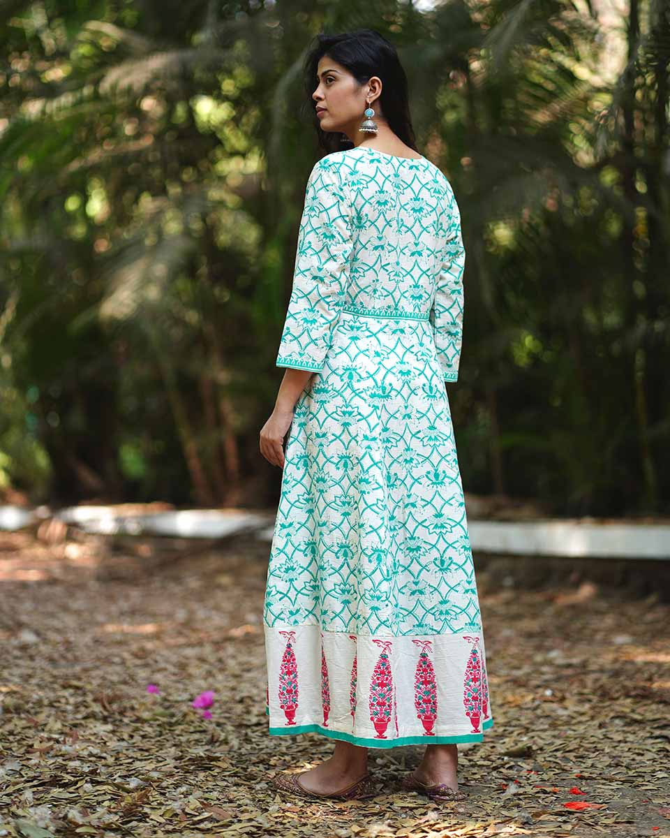Chamomileâ€™s Calm Teal Green Block Printed Cotton Dress - MMG - Image 6