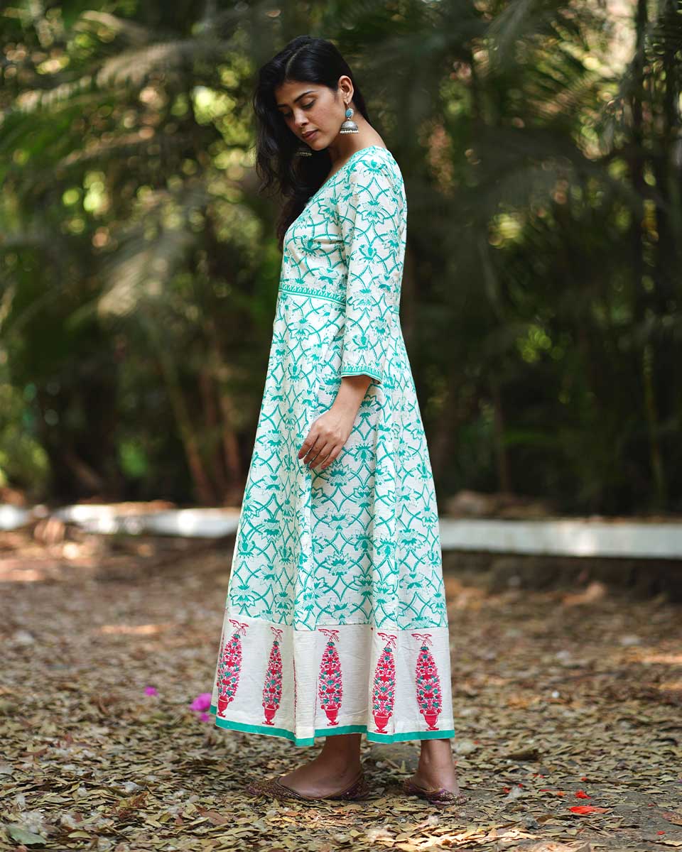 Chamomileâ€™s Calm Teal Green Block Printed Cotton Dress - MMG - Image 7
