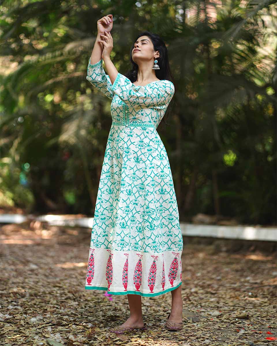 Chamomileâ€™s Calm Teal Green Block Printed Cotton Dress - MMG - Image 8
