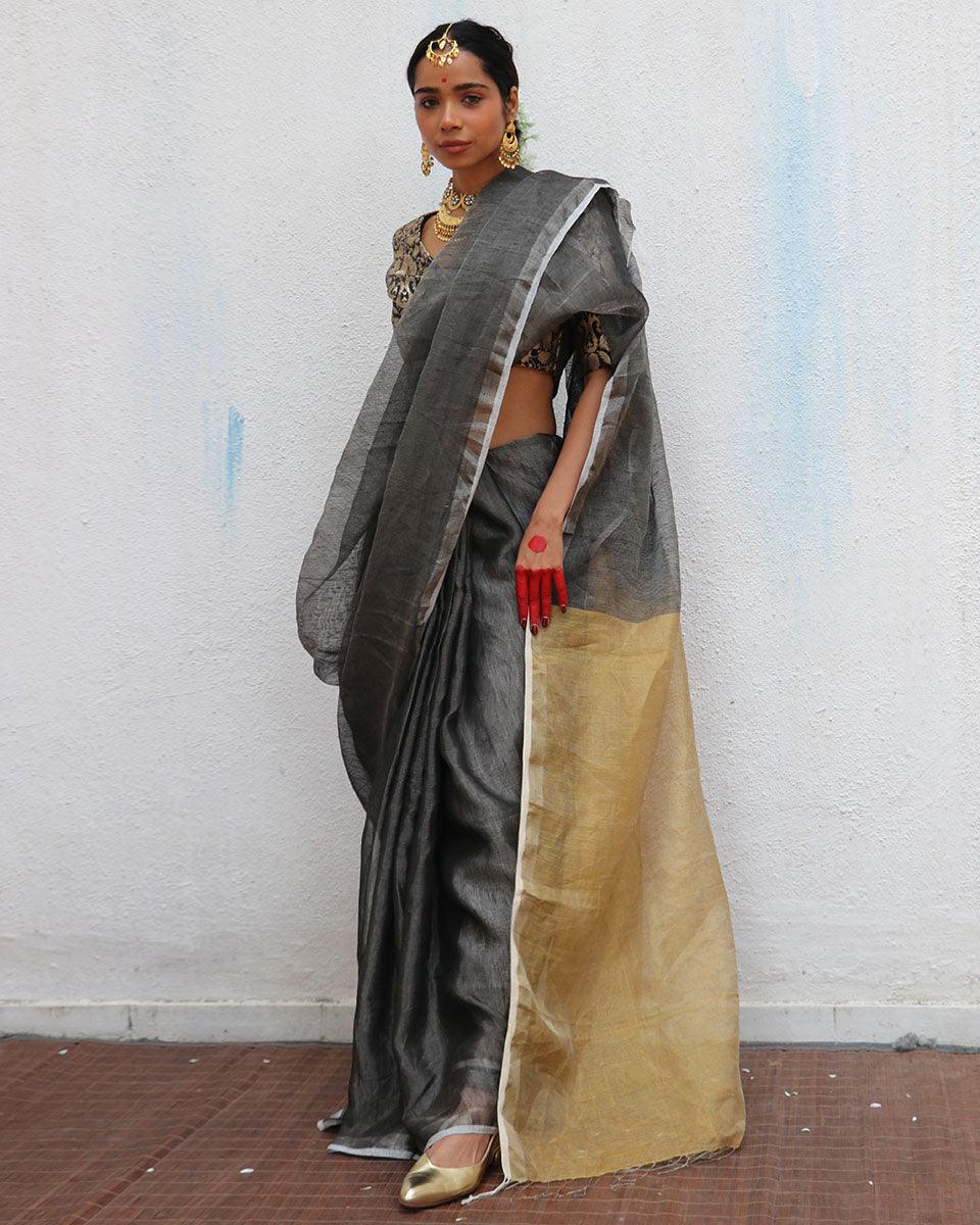 Charulata Black Golden Handwoven Linen Zari Saree - Image 11