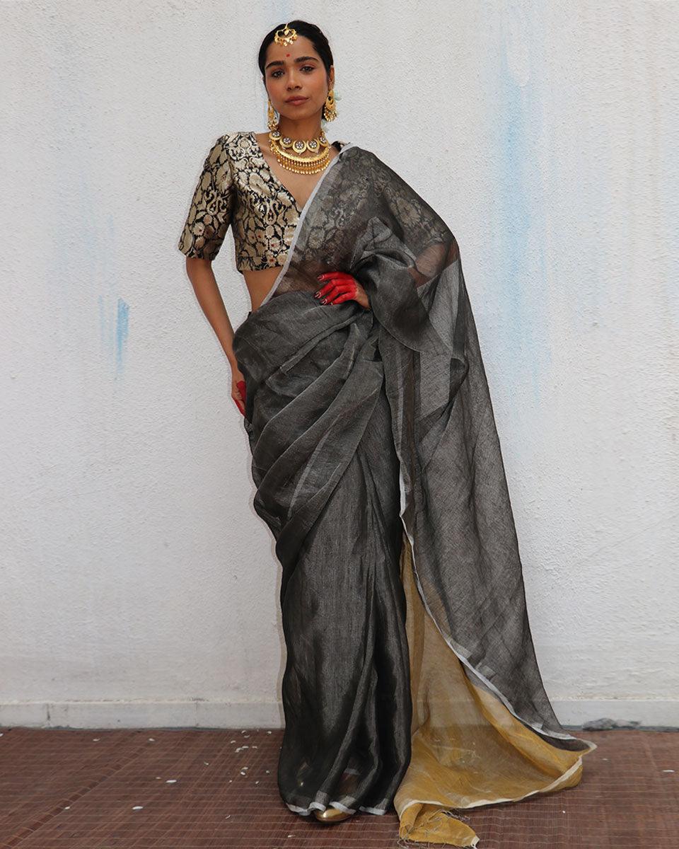 Charulata Black Golden Handwoven Linen Zari Saree - Image 6