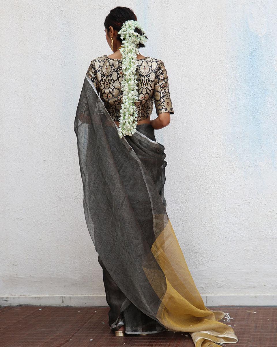 Charulata Black Golden Handwoven Linen Zari Saree - Image 9