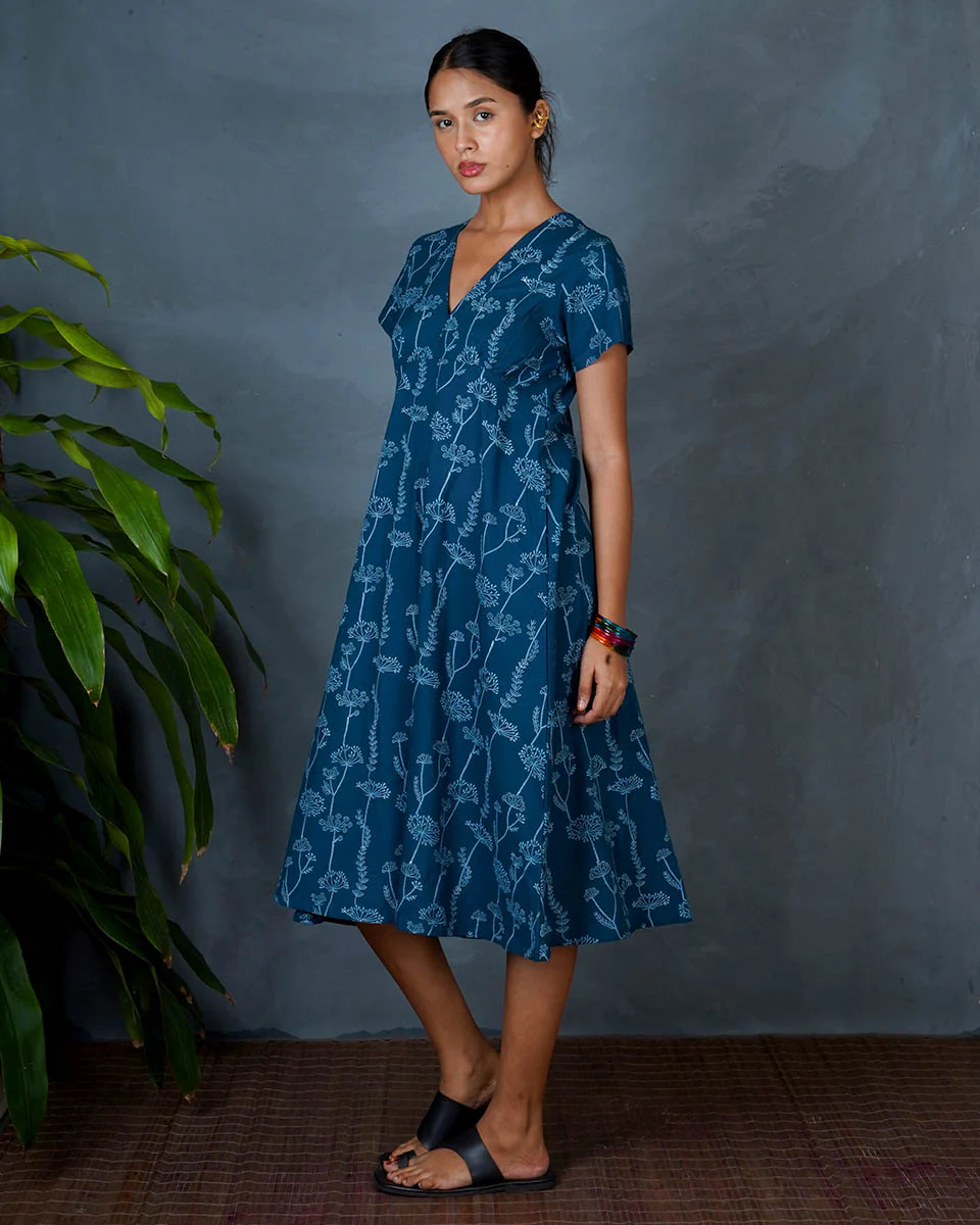 Charvi Teal Green Hand Block Printed Cotton Dress-MYA - Image 2