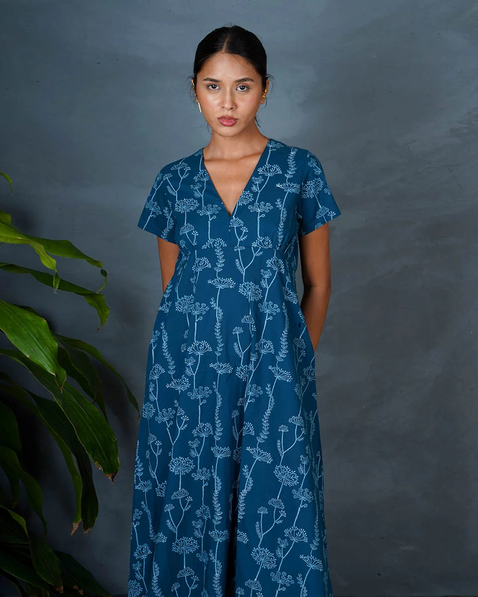 Charvi Teal Green Hand Block Printed Cotton Dress-MYA - Image 4