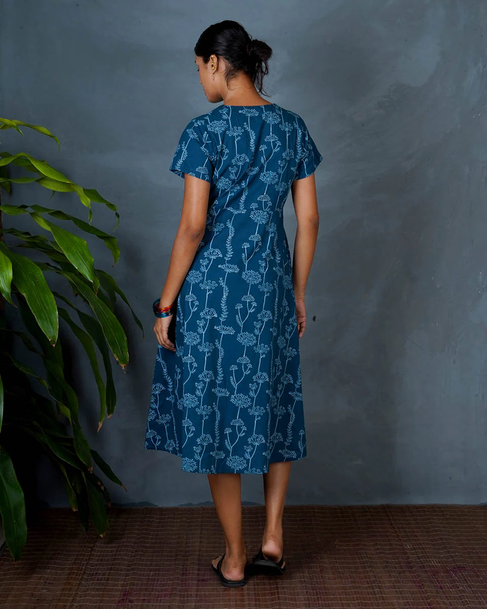 Charvi Teal Green Hand Block Printed Cotton Dress-MYA - Image 5