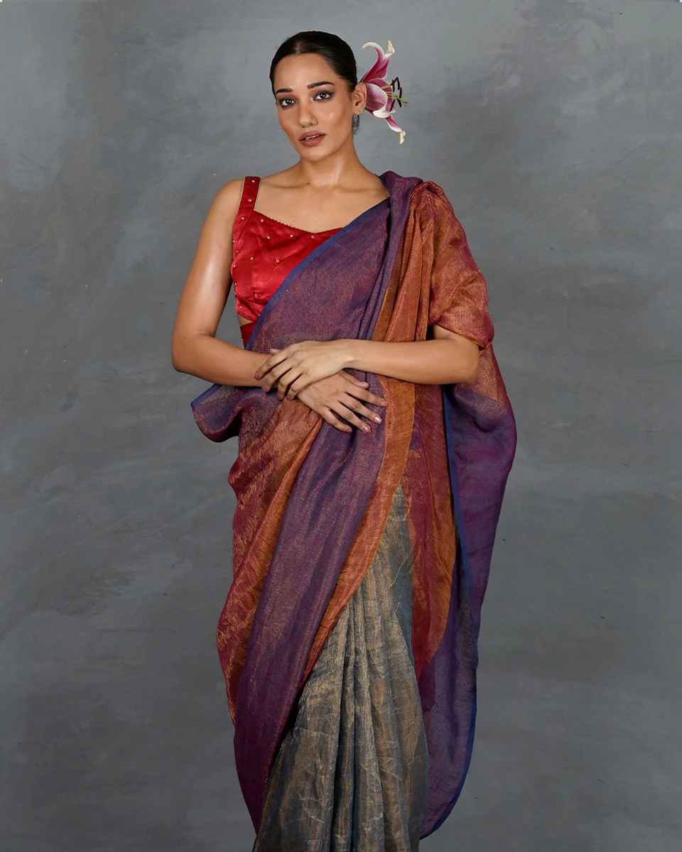 Chase Light Violet Handwoven Linen Saree - TARA - Image 2