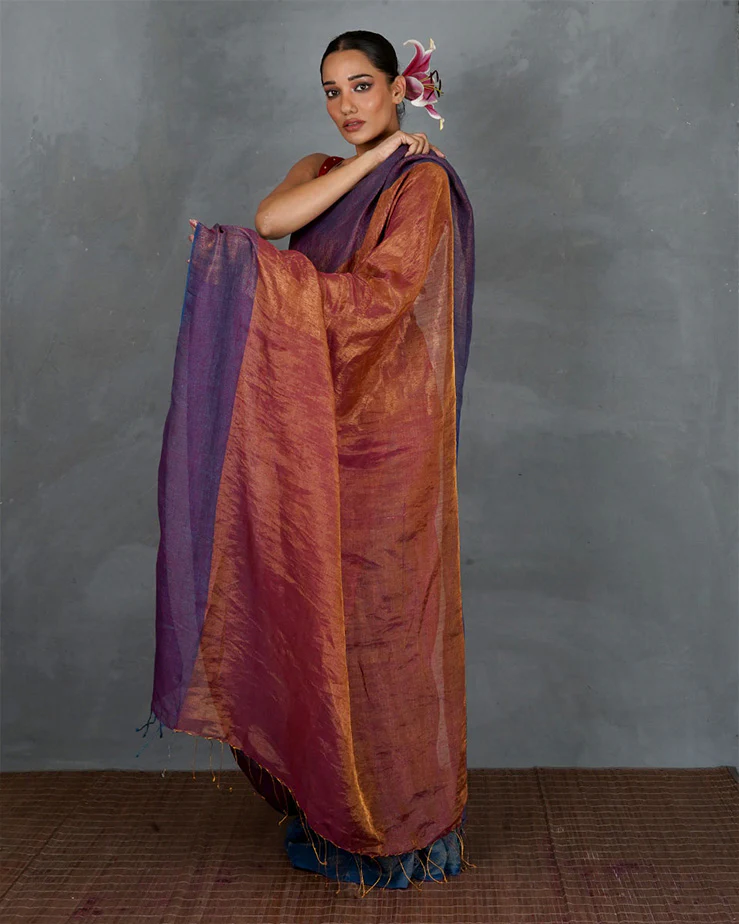 Chase Light Violet Handwoven Linen Saree - TARA - Image 4