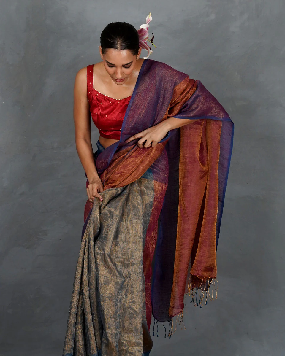 Chase Light Violet Handwoven Linen Saree - TARA - Image 6
