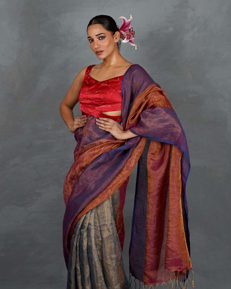 Chase Light Violet Handwoven Linen Saree - TARA - Image 9